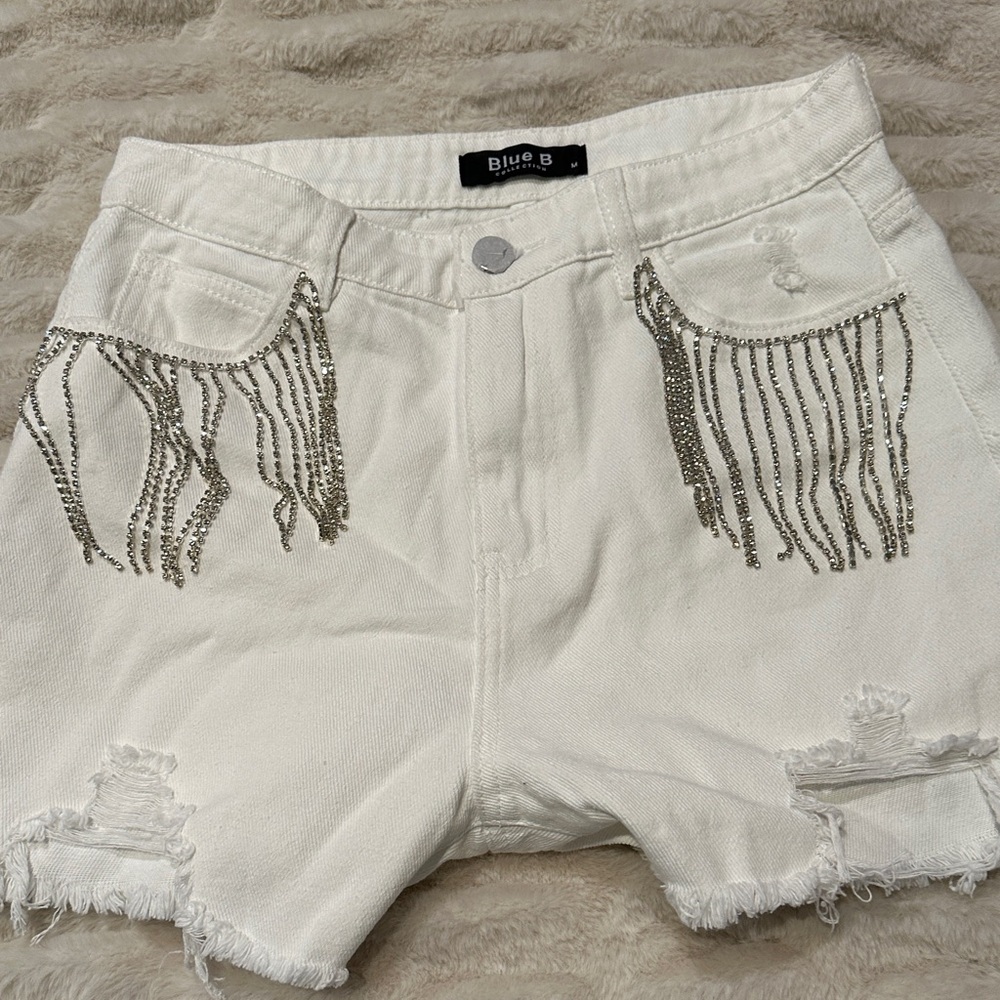 White Rhinestone Fringe Distressed Women’s Shorts